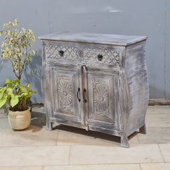 Hand Carved Solid Wood 2 Door Sideboard Greywash 90x40x90 cm