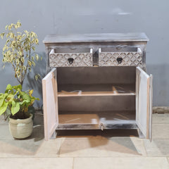 Hand Carved Solid Wood 2 Door Sideboard Greywash 90x40x90 cm