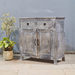 Hand Carved Solid Wood 2 Door Sideboard Greywash 90x40x90 cm