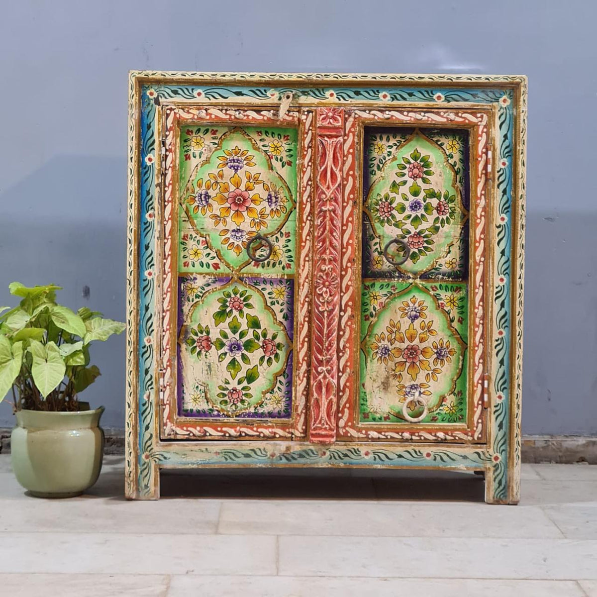 Indian Hand Painted Solid Wood Cabinet Multicolour 90X43X97 Cm