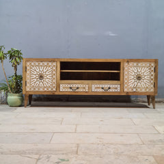 Designer cut out design Solid Wood Buffet TV Unit  natural mango wood whitewash finish