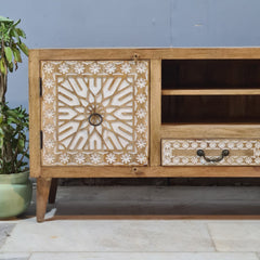 Designer cut out design Solid Wood Buffet TV Unit  natural mango wood whitewash finish