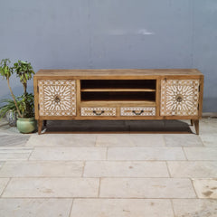 Designer cut out design Solid Wood Buffet TV Unit  natural mango wood whitewash finish
