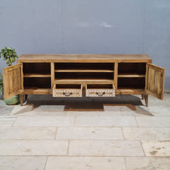 Designer cut out design Solid Wood Buffet TV Unit  natural mango wood whitewash finish
