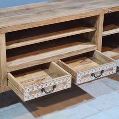 Designer cut out design Solid Wood Buffet TV Unit  natural mango wood whitewash finish