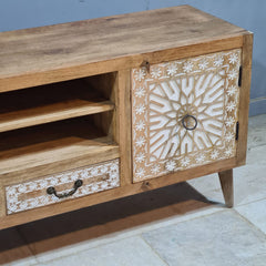 Designer cut out design Solid Wood Buffet TV Unit  natural mango wood whitewash finish