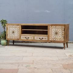 Designer cut out design Solid Wood Buffet TV Unit  natural mango wood whitewash finish