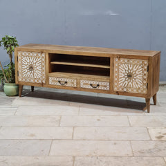 Designer cut out design Solid Wood Buffet TV Unit  natural mango wood whitewash finish