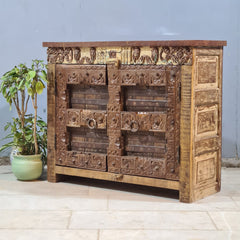Vintage Old Door Hand Carved Solid Wood Buffet Sideboard