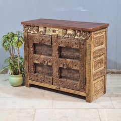 Vintage Old Door Hand Carved Solid Wood Buffet Sideboard