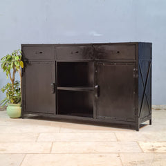 Industrial Wood & Metal Sideboard Cabinet – Rustic Mixed Material Storage Console with Drawers | Modern Loft Farmhouse Furniture