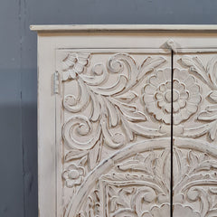 Handcrafted Whitewashed Carved Wooden Armoire Cabinet – Solid Wood Storage Cabinet with Floral Mandala Carving | Rustic Boho Farmhouse Furniture