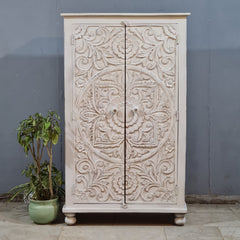 Handcrafted Whitewashed Carved Wooden Armoire Cabinet – Solid Wood Storage Cabinet with Floral Mandala Carving | Rustic Boho Farmhouse Furniture