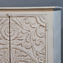Handcrafted Whitewashed Carved Wooden Armoire Cabinet – Solid Wood Storage Cabinet with Floral Mandala Carving | Rustic Boho Farmhouse Furniture