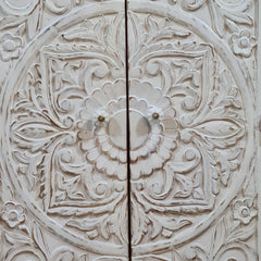 Handcrafted Whitewashed Carved Wooden Armoire Cabinet – Solid Wood Storage Cabinet with Floral Mandala Carving | Rustic Boho Farmhouse Furniture