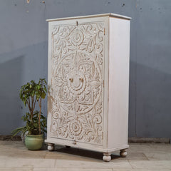 Handcrafted Whitewashed Carved Wooden Armoire Cabinet – Solid Wood Storage Cabinet with Floral Mandala Carving | Rustic Boho Farmhouse Furniture
