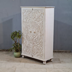 Handcrafted Whitewashed Carved Wooden Armoire Cabinet – Solid Wood Storage Cabinet with Floral Mandala Carving | Rustic Boho Farmhouse Furniture