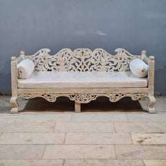 Vintage Hand Carved Wooden Daybed in Whitewash Finish – Luxury Bohemian Lounge Bench with Floral Scrollwork