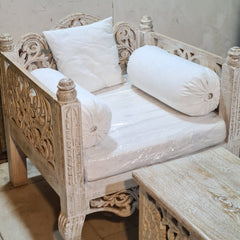 Vintage Hand Carved Wooden Accent Chair Set in Whitewash Finish – Luxury Bohemian Lounge Chairs with Floral Scrollwork