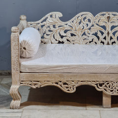 Vintage Hand Carved Wooden Daybed in Whitewash Finish – Luxury Bohemian Lounge Bench with Floral Scrollwork