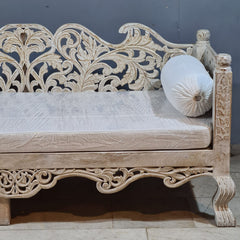 Vintage Hand Carved Wooden Daybed in Whitewash Finish – Luxury Bohemian Lounge Bench with Floral Scrollwork