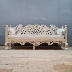 Vintage Hand Carved Wooden Daybed in Whitewash Finish – Luxury Bohemian Lounge Bench with Floral Scrollwork