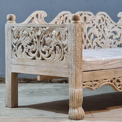 Vintage Hand Carved Wooden Daybed in Whitewash Finish – Luxury Bohemian Lounge Bench with Floral Scrollwork