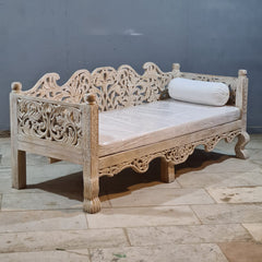 Vintage Hand Carved Wooden Daybed in Whitewash Finish – Luxury Bohemian Lounge Bench with Floral Scrollwork