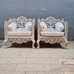 Vintage Hand Carved Wooden Accent Chair Set in Whitewash Finish – Luxury Bohemian Lounge Chairs with Floral Scrollwork