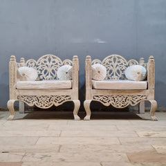 Vintage Hand Carved Wooden Accent Chair Set in Whitewash Finish – Luxury Bohemian Lounge Chairs with Floral Scrollwork
