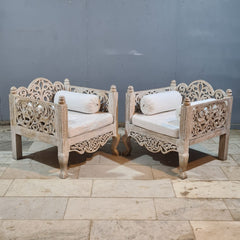 Vintage Hand Carved Wooden Accent Chair Set in Whitewash Finish – Luxury Bohemian Lounge Chairs with Floral Scrollwork