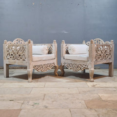 Vintage Hand Carved Wooden Accent Chair Set in Whitewash Finish – Luxury Bohemian Lounge Chairs with Floral Scrollwork