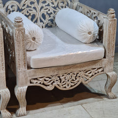 Vintage Hand Carved Wooden Accent Chair Set in Whitewash Finish – Luxury Bohemian Lounge Chairs with Floral Scrollwork
