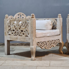 Vintage Hand Carved Wooden Accent Chair Set in Whitewash Finish – Luxury Bohemian Lounge Chairs with Floral Scrollwork
