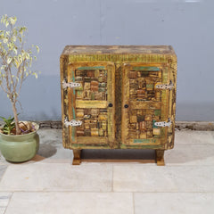 Vintage Reclaimed Wood Accent Cabinet – Handmade Rustic Storage Cabinet with Patchwork Wooden Detailing