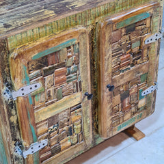 Vintage Reclaimed Wood Accent Cabinet – Handmade Rustic Storage Cabinet with Patchwork Wooden Detailing