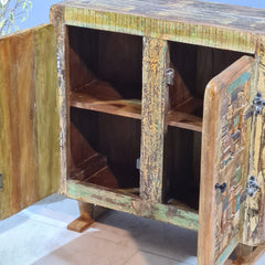 Vintage Reclaimed Wood Accent Cabinet – Handmade Rustic Storage Cabinet with Patchwork Wooden Detailing