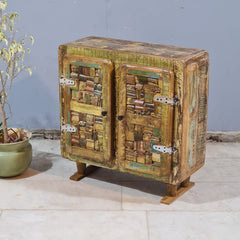 Vintage Reclaimed Wood Accent Cabinet – Handmade Rustic Storage Cabinet with Patchwork Wooden Detailing