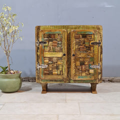 Vintage Reclaimed Wood Accent Cabinet – Handmade Rustic Storage Cabinet with Patchwork Wooden Detailing