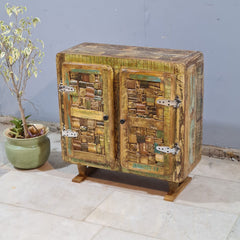 Vintage Reclaimed Wood Accent Cabinet – Handmade Rustic Storage Cabinet with Patchwork Wooden Detailing