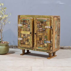 Vintage Reclaimed Wood Accent Cabinet – Handmade Rustic Storage Cabinet with Patchwork Wooden Detailing