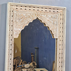 Whitewash Arch Mirror – Hand-Carved Wooden Statement Mirror for Living Room, Bedroom & Entryway