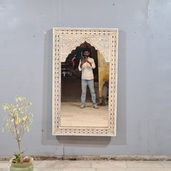 Whitewash Arch Mirror – Hand-Carved Wooden Statement Mirror for Living Room, Bedroom & Entryway