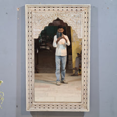 Whitewash Arch Mirror – Hand-Carved Wooden Statement Mirror for Living Room, Bedroom & Entryway