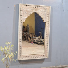 Whitewash Arch Mirror – Hand-Carved Wooden Statement Mirror for Living Room, Bedroom & Entryway