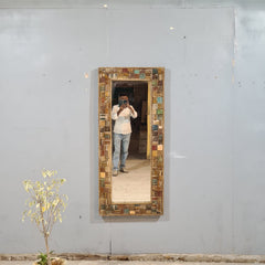 Vintage Reclaimed Wood Floor Mirror – Handmade Rustic Mosaic Frame Mirror with Multi-Color Wooden Detailing