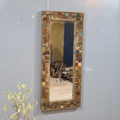 Vintage Reclaimed Wood Floor Mirror – Handmade Rustic Mosaic Frame Mirror with Multi-Color Wooden Detailing
