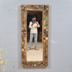 Vintage Reclaimed Wood Floor Mirror – Handmade Rustic Mosaic Frame Mirror with Multi-Color Wooden Detailing