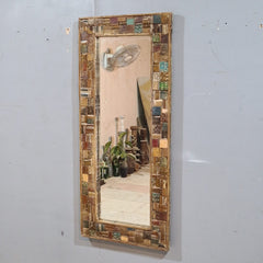 Vintage Reclaimed Wood Floor Mirror – Handmade Rustic Mosaic Frame Mirror with Multi-Color Wooden Detailing