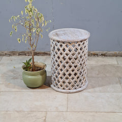 Modern Rustic Wooden Drum Side Table – Handcrafted Solid Wood Accent Table with Open Lattice Detailing